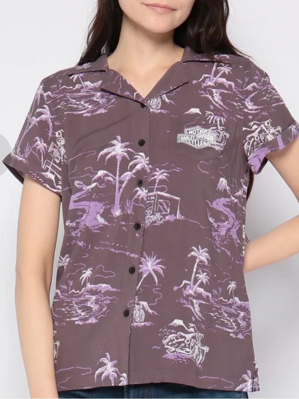 Harley-Davidson Aloha Palm Purple Tropical Print Button Down Shirt